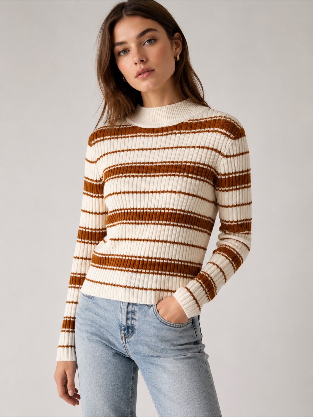 H&M Ribbed Striped Sweater Cream and Brown Mock Neck Large NWT